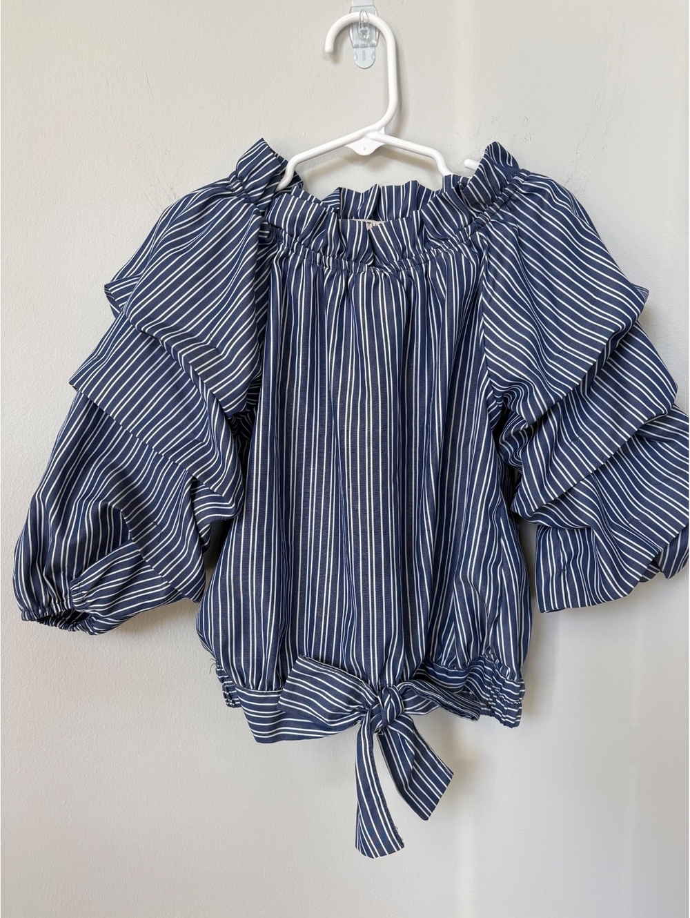 Habitual Girls' Blue and White Striped Off-Shoulder Ruffle Sleeve Top Size 7/8
